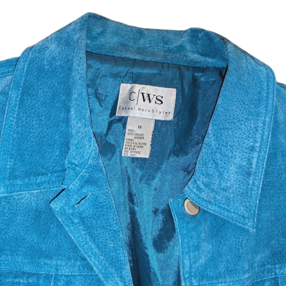 Vintage Plus Size 1X Genuine Leather Suede Jacket in Turquoise - Picture 3 of 7